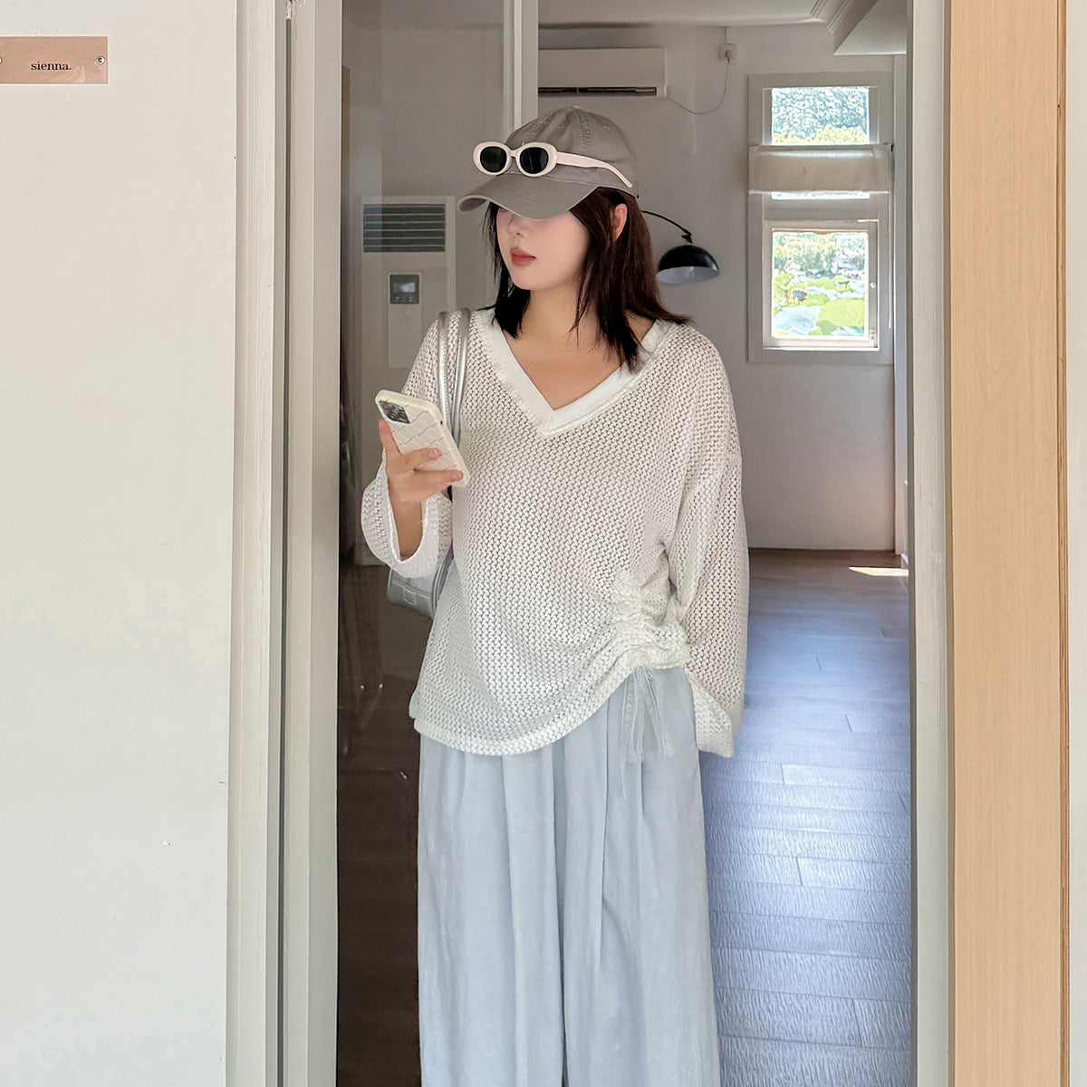 大きいサイズ レディース Vネックレース編みメッシュニットシャツ LL 3L 4L