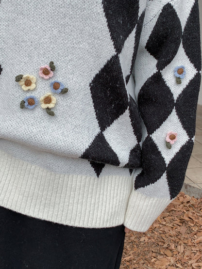 大きいサイズ レディース ラウンドネックレトロ小花ダイヤ柄プルオーバーセーター LL 3L 4L