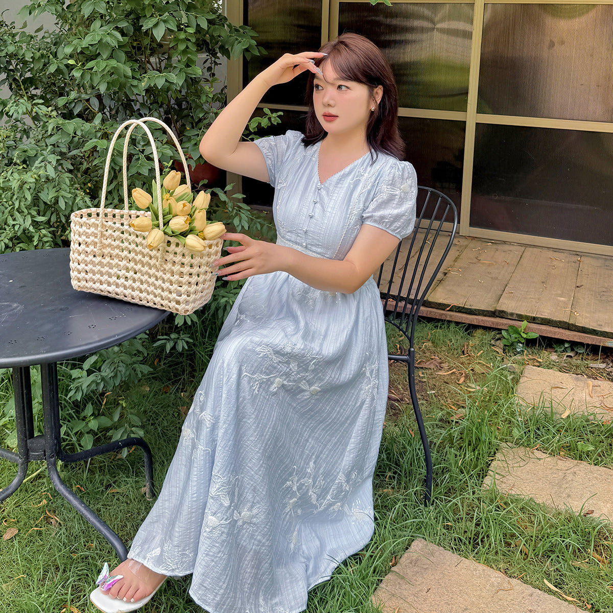 大きいサイズ レディース Vネック花柄レースウエストスパンコール刺繍ワンピース LL 3L 4L 5L