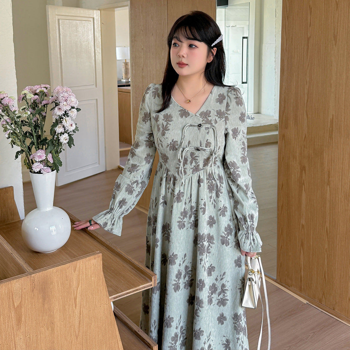 大きいサイズ レディース Vネック花柄プリントチャイナ風レトロワンピース LL 3L 4L 5L