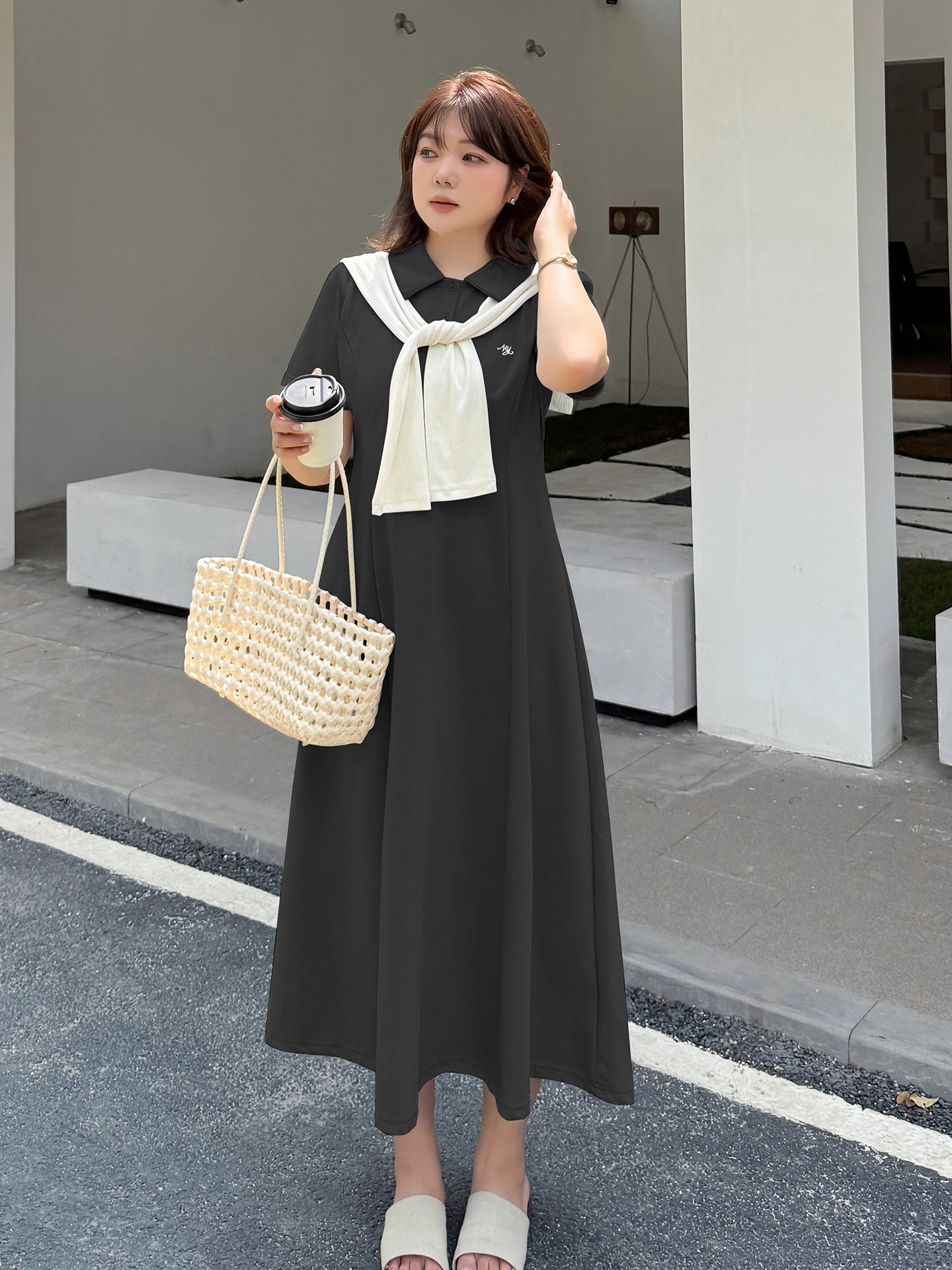 大きいサイズ レディース 刺繍入りショール付きポロカラーロングワンピース LL 3L 4L 5L 6L