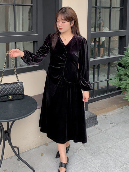 大きいサイズ レディース Vネックラインストーン装飾エレガントベルベットワンピース LL 3L 4L 5L