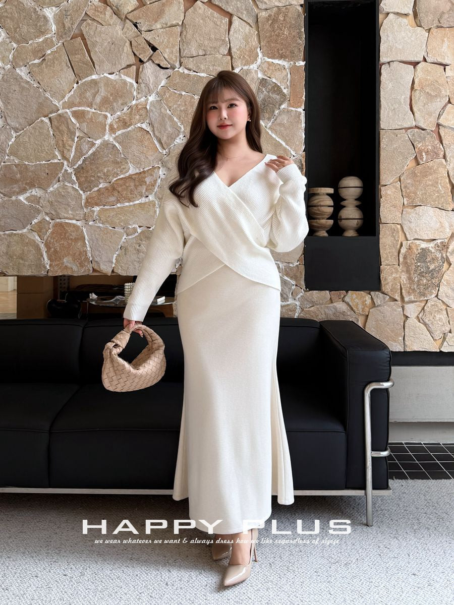 大きいサイズ レディース クロスオーバーVネックエレガントスリーピース（セーター+スカート+ショール） L LL 3L 4L F フリーサイズ