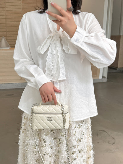大きいサイズ レディース レースリボンフレンチホワイトブラウス LL 3L 4L 5L