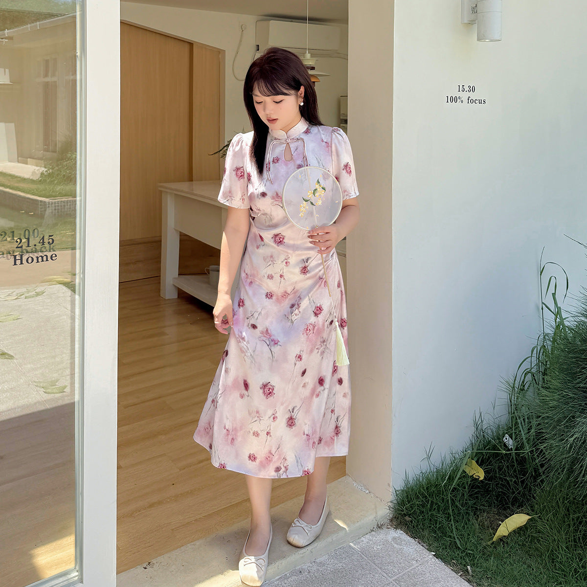 大きいサイズ レディース チャイナ風レトロ花柄プリントワンピース LL 3L 4L 5L