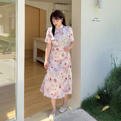 大きいサイズ レディース チャイナ風レトロ花柄プリントワンピース LL 3L 4L 5L