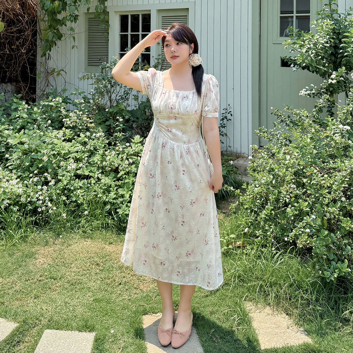 大きいサイズ レディース スクエアネック花柄プリントプリーツワンピース LL 3L 4L 5L