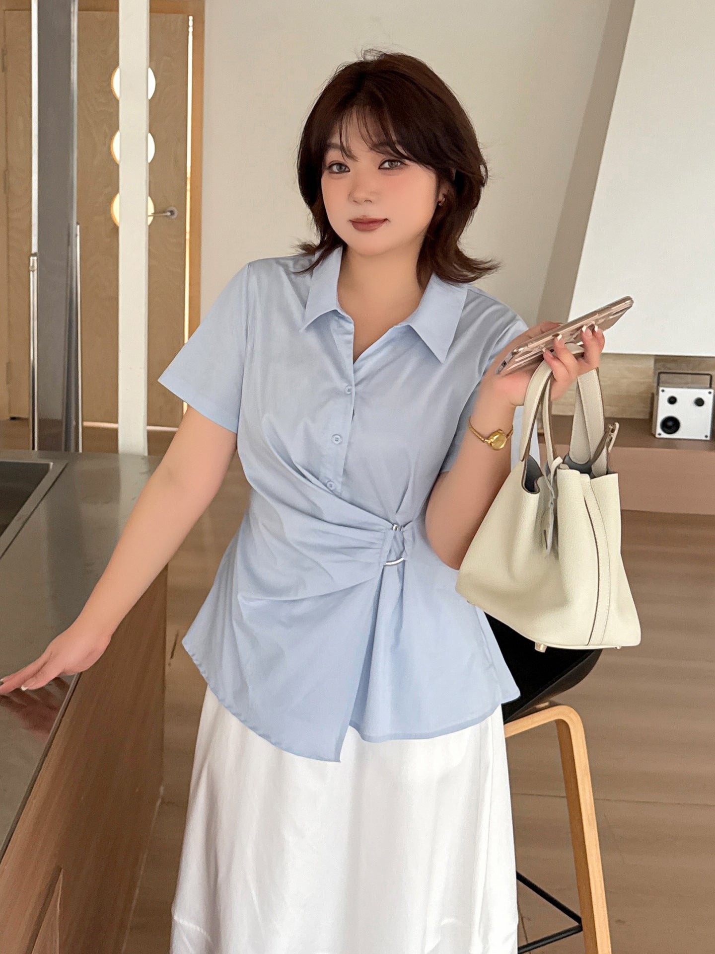 大きいサイズ レディース サイドリングバックル半袖カラーシャツ LL 3L 4L 5L 6L