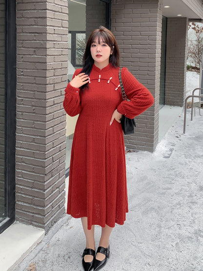 大きいサイズ レディース チャイナ風レトロ花柄ビーズボタンレースワンピース LL 3L 4L 5L