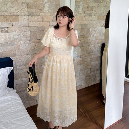 大きいサイズ レディース 貝殻型飾り付きスクエアネック花柄刺繍レースワンピース LL 3L 4L 5L