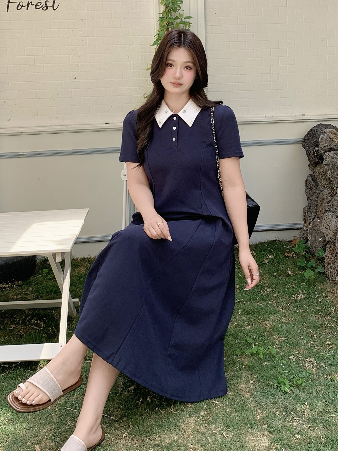 大きいサイズ レディース ビジュー襟ポロデザインフレアワンピース LL 3L 4L 5L 6L