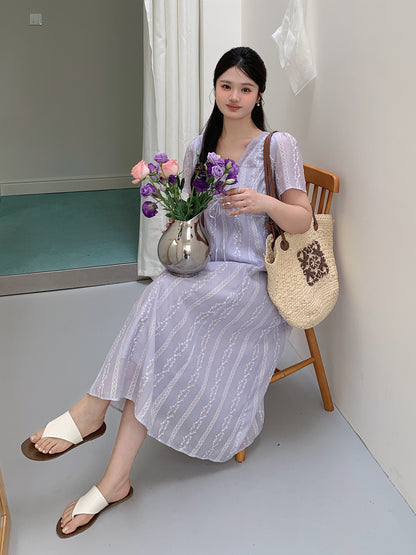 大きいサイズ レディース レースVネックドット刺繍Aラインワンピース LL 3L 4L 5L 6L