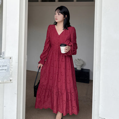 大きいサイズ レディース シュシュ付きVネック中空刺繍コットンロングワンピースLL 3L 4L 5L