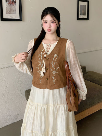 大きいサイズ レディース フラワー刺繍ベスト＆ティアードワンピース2点セット LL 3L 4L 5L 6L