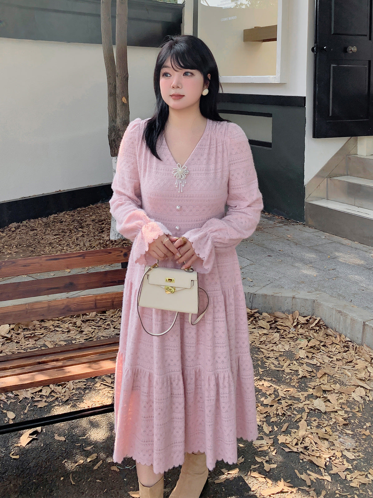 大きいサイズ レディース ビーズジュエリー付きVネックレース裏起毛フレンチワンピース LL 3L 4L 5L