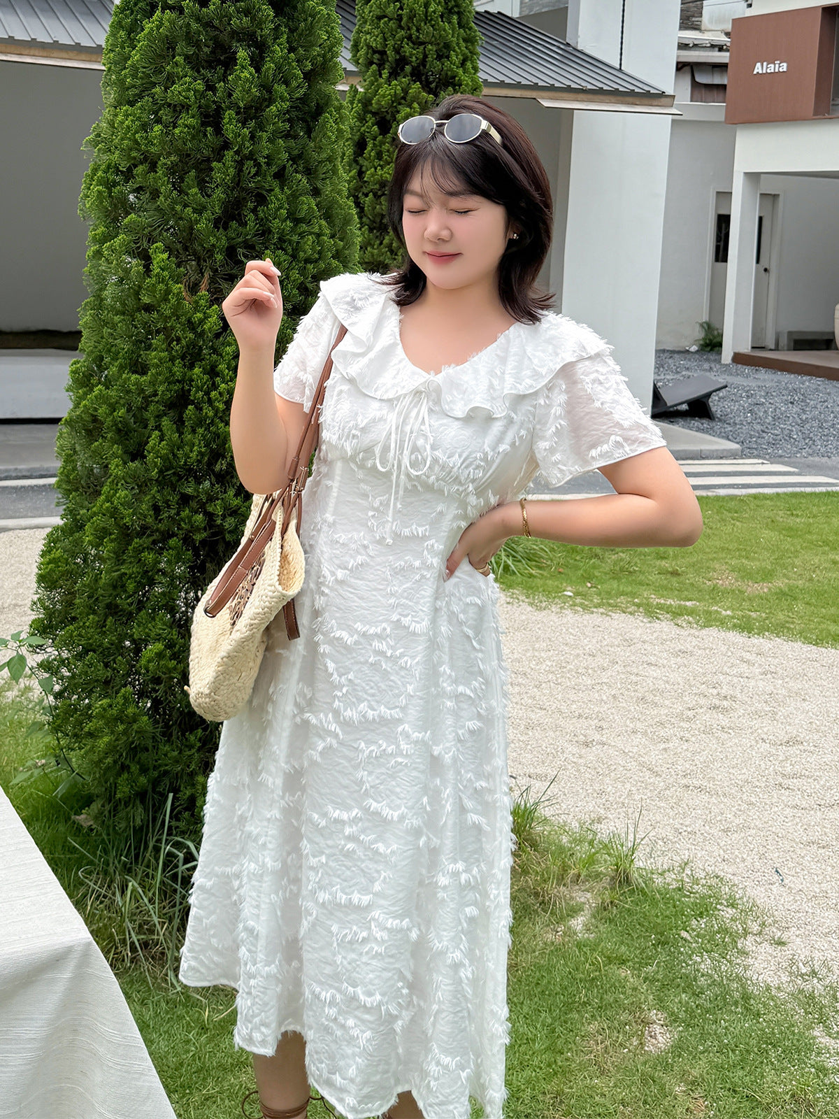 大きいサイズ レディース フリルカラージャカードワンピース LL 3L 4L 5L