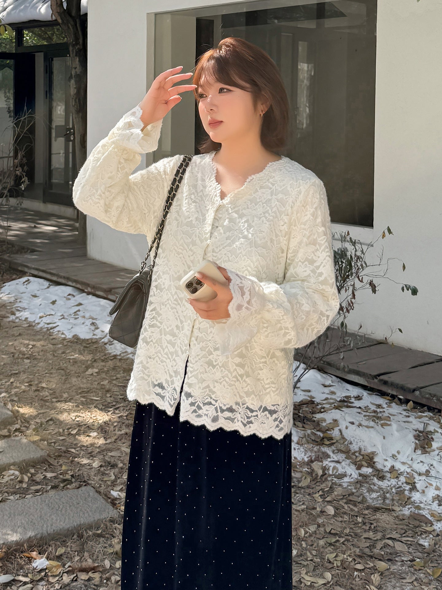 大きいサイズ レディース Vネックフリル刺繍レースエレガントブラウス LL 3L 4L 5L