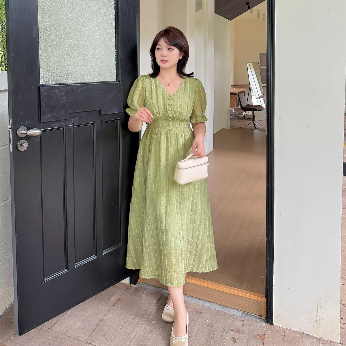 大きいサイズ レディース Vネックフリルシフォンプリーツワンピース LL 3L 4L 5L