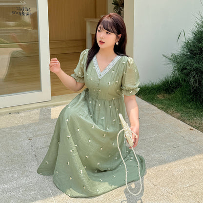 大きいサイズ レディース レースVネックフラワー刺繍ワンピース LL 3L 4L 5L