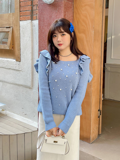 大きいサイズ レディース ビーズフリルオフショルダーニットセーター LL 3L 4L 5L