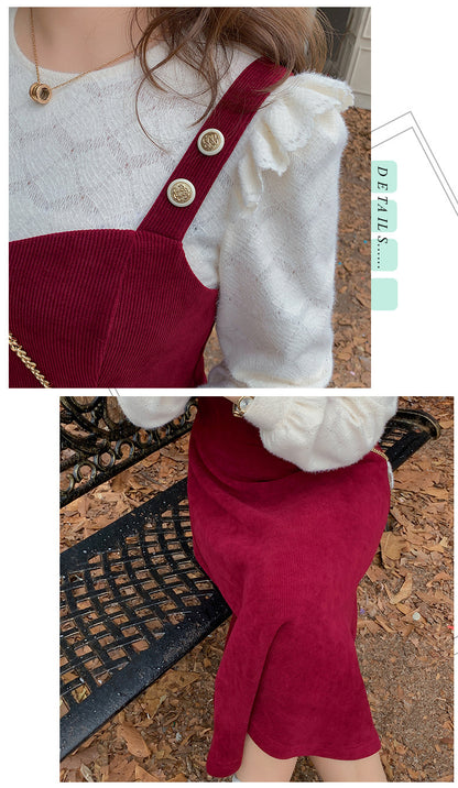 大きいサイズ レディース コーデュロイのレトロワンピース+フリルパフスリーブブラウス LL 3L 4L 5L