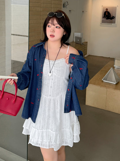 大きいサイズ レディース ポニー刺繍カジュアルウォッシュデニムシャツ 3L 4L 5L