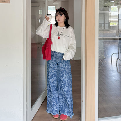 大きいサイズ レディース ヴィンテージ風ジャカードデニムワイドレッグパンツ LL 3L 4L 5L