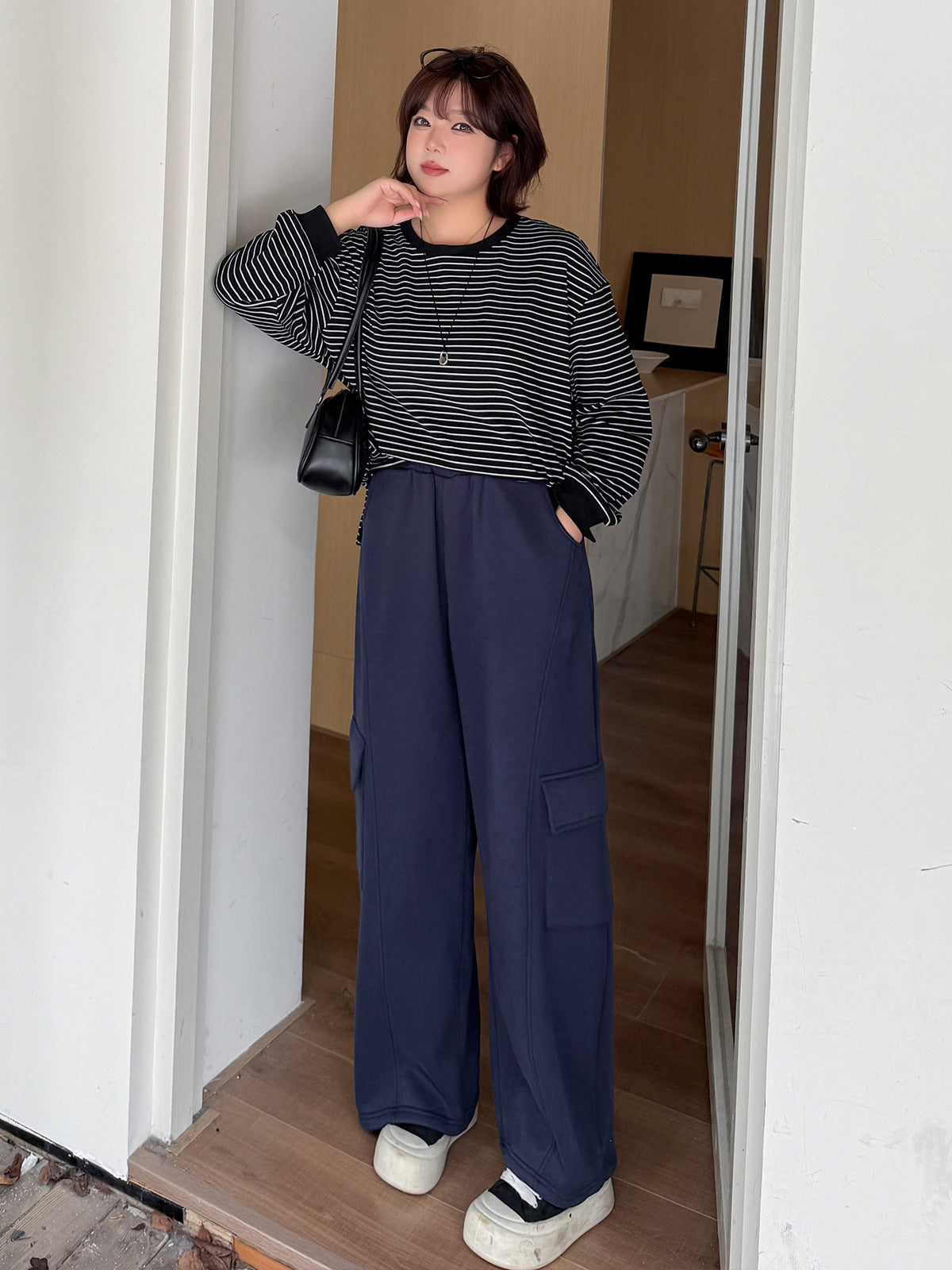 大きいサイズ レディース ニットフリース裏地ワイドレッグカーゴパンツ LL 3L 4L 5L