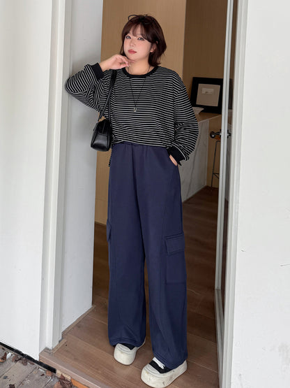 大きいサイズ レディース ニットフリース裏地ワイドレッグカーゴパンツ LL 3L 4L 5L