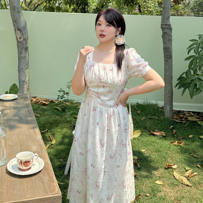 大きいサイズ レディース スクエアネック花柄プリントプリーツワンピース LL 3L 4L 5L