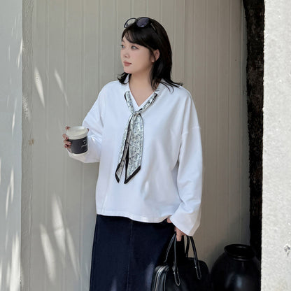 大きいサイズ レディース スカーフリボン付きVネックニットスウェットシャツ LL 3L 4L 5L