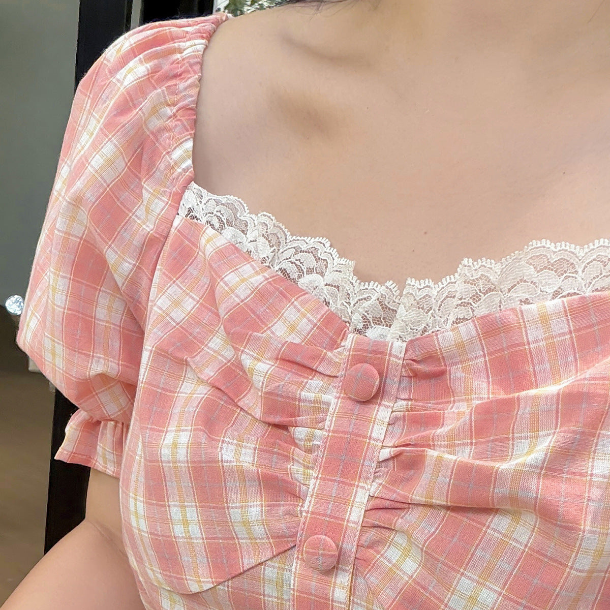 大きいサイズ レディース  スクエアネックレースチェック柄フレンチワンピース LL 3L 4L 5L