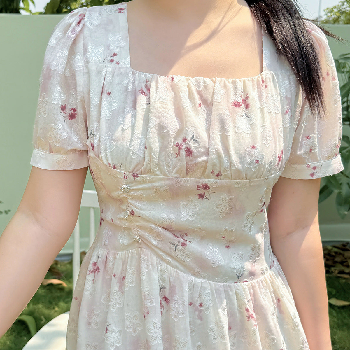 大きいサイズ レディース スクエアネック花柄プリントプリーツワンピース LL 3L 4L 5L