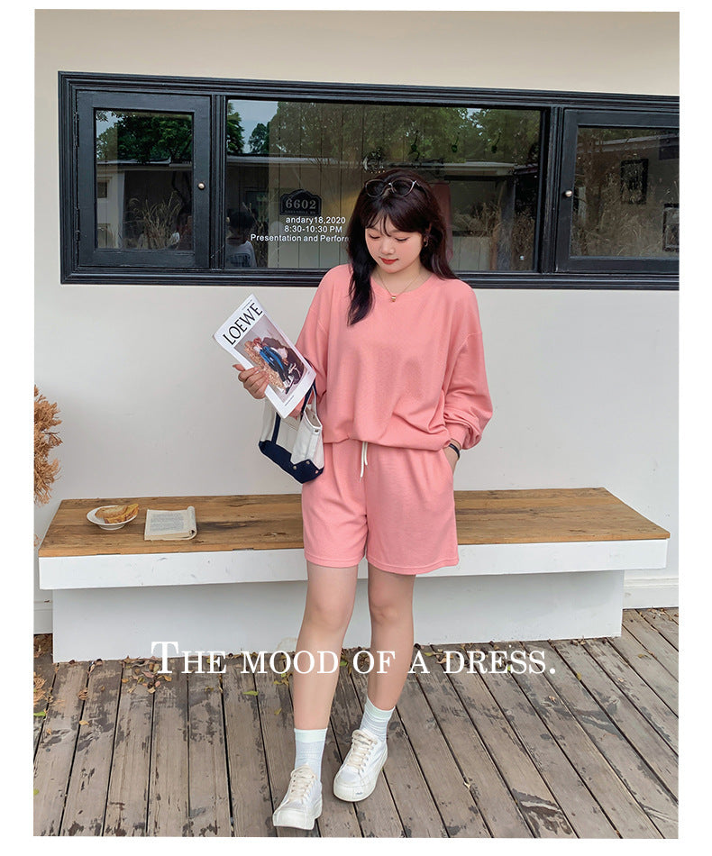 大きいサイズ レディース ゆるカジのスウェットトップス+ハーフパンツセット LL 3L 4L 5L