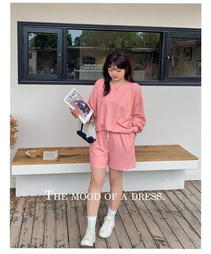 大きいサイズ レディース ゆるカジのスウェットトップス+ハーフパンツセット LL 3L 4L 5L