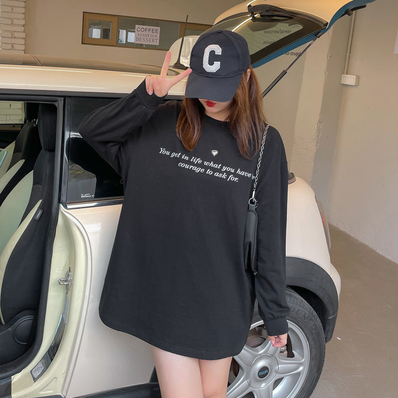 大きいサイズ レディース ハートチャームラウンドネックプリント長袖スウェットTシャツ LL 3L 4L 5L