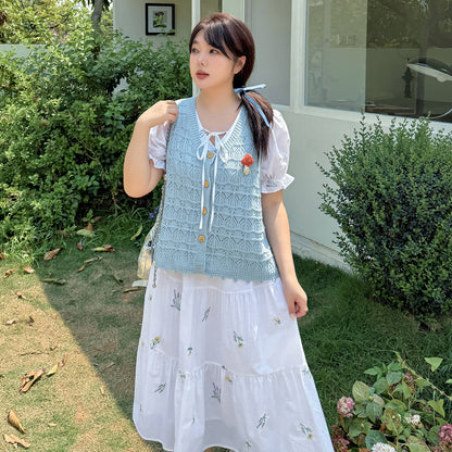 大きいサイズ レディース 草花刺繍入りリボンコットンティアードワンピース LL 3L 4L 5L