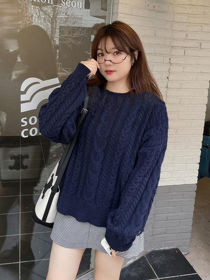 大きいサイズ レディース ラウンドネックケーブル編みカレッジスタイルセーター LL 3L 4L