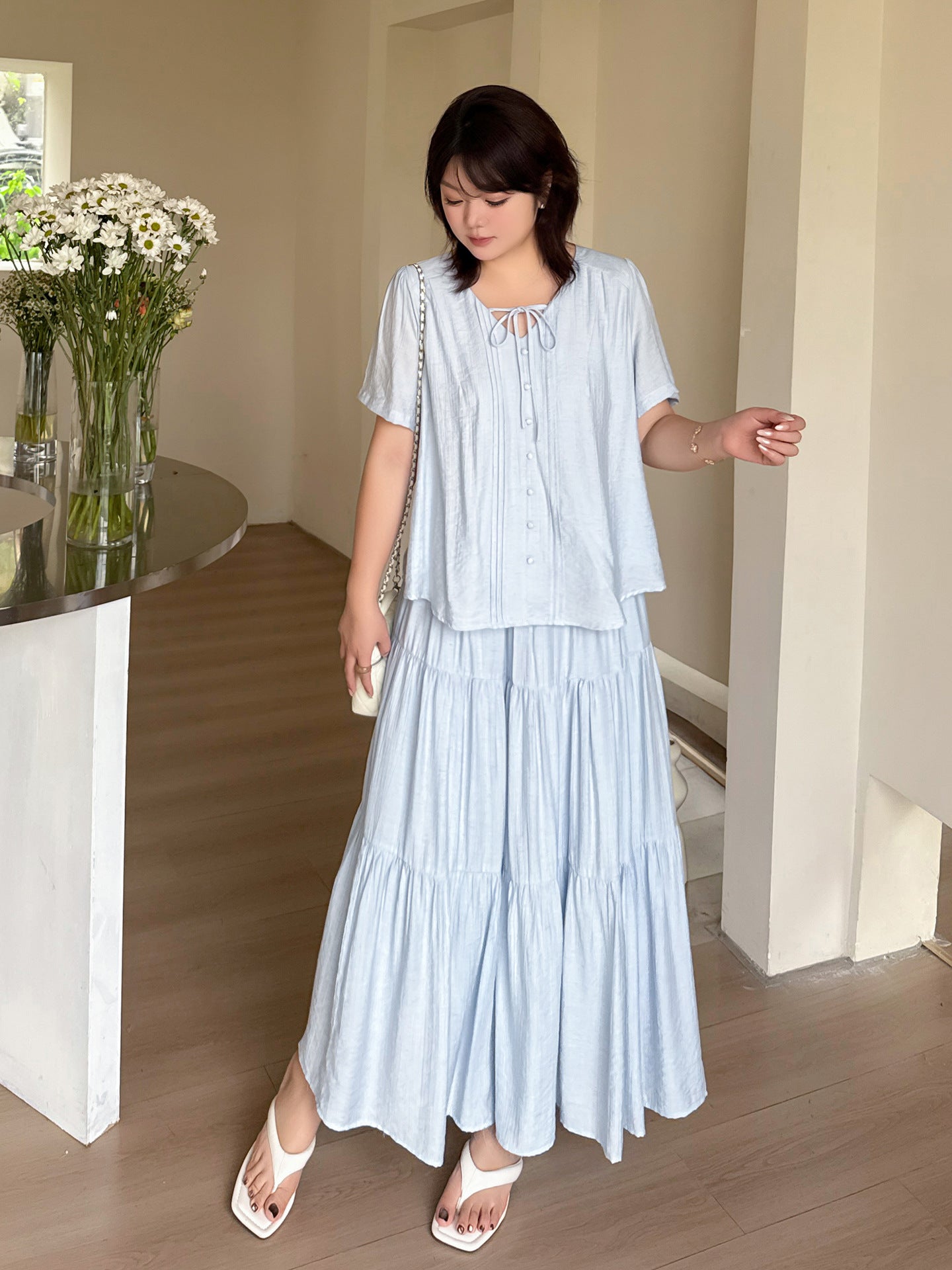 大きいサイズ レディース ナチュラルリボンネックティアードセットアップ LL 3L 4L 5L