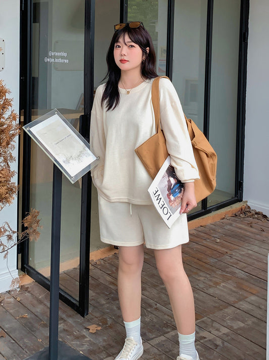 大きいサイズ レディース ゆるカジのスウェットトップス+ハーフパンツセット LL 3L 4L 5L