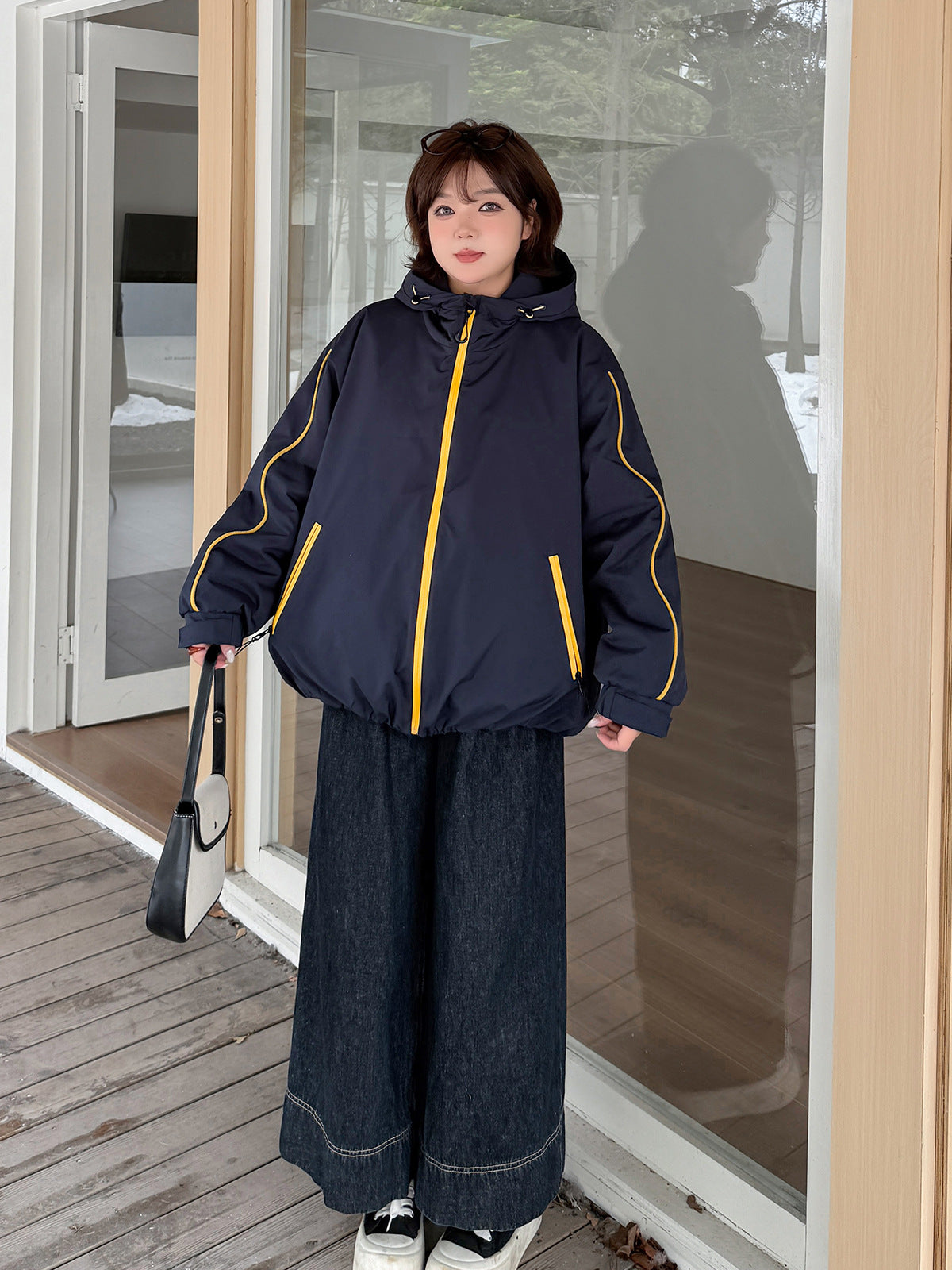 大きいサイズ レディース フード付きバイカラーパイピングカジュアルジャケット 3L 4L 5L