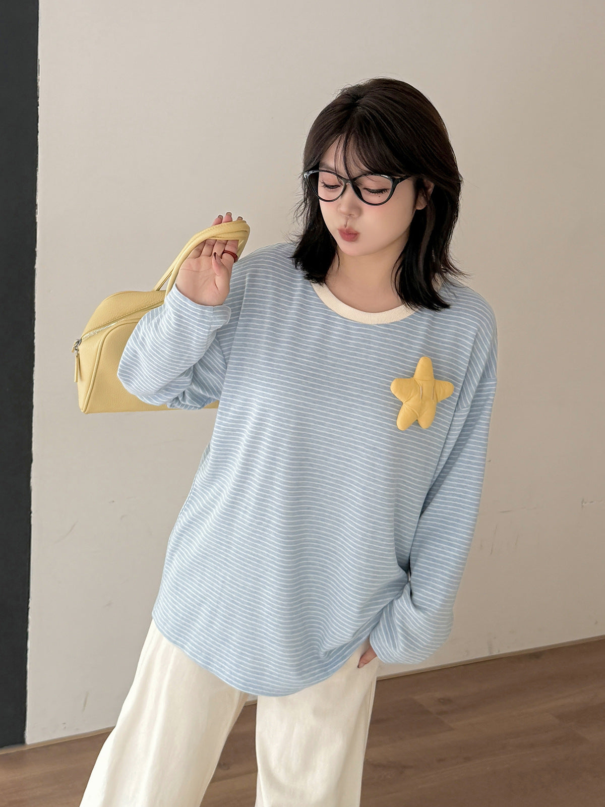 大きいサイズ レディース 星飾り付きラウンドネックニット長袖ストライプTシャツ LL 3L 4L 5L