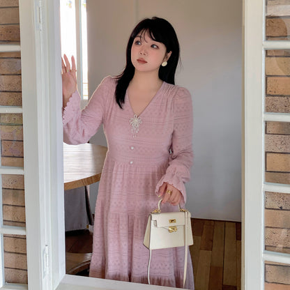 大きいサイズ レディース ビーズジュエリー付きVネックレース裏起毛フレンチワンピース LL 3L 4L 5L