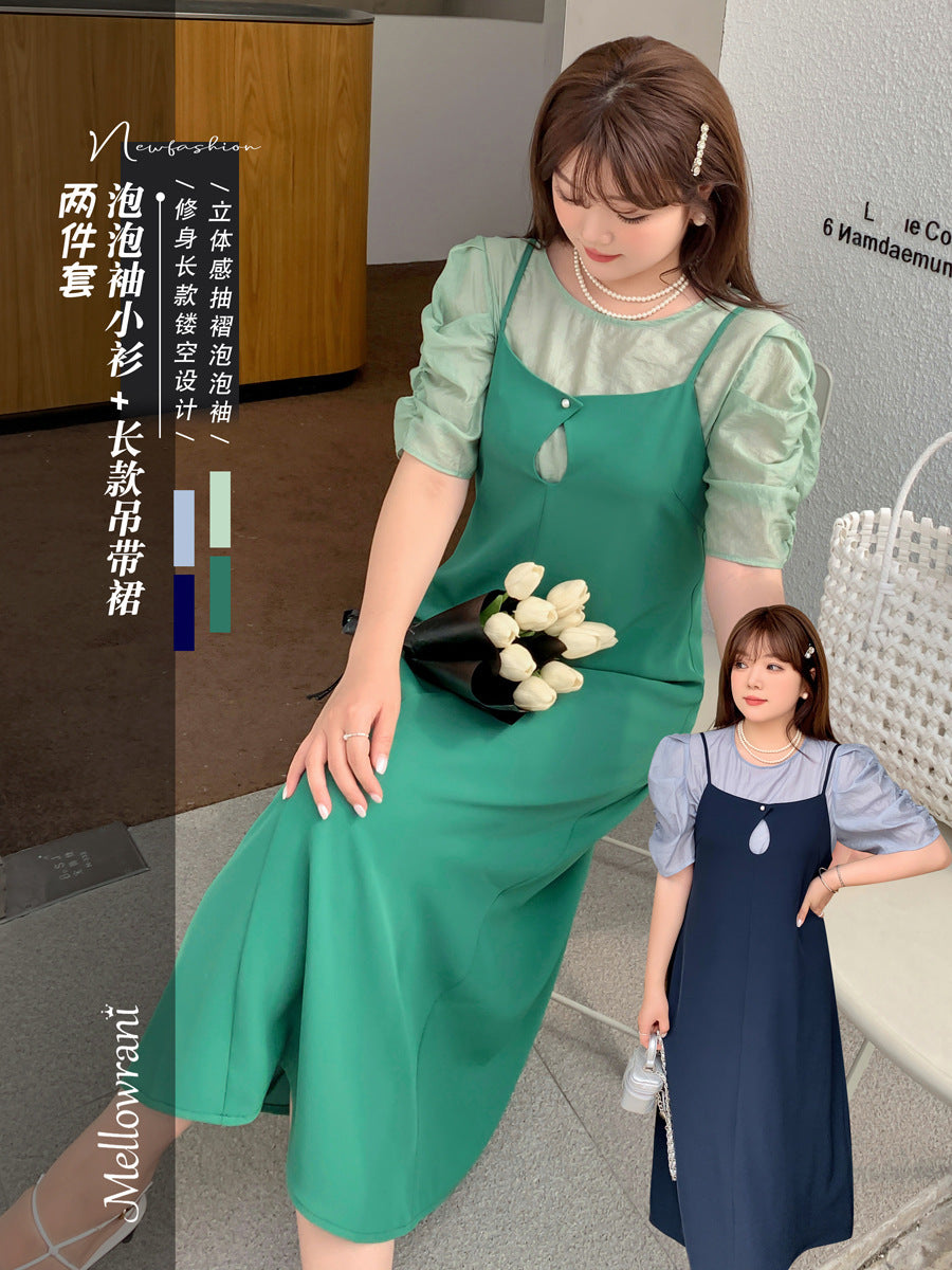 大きいサイズ レディース プリーツパフスリーブブラウス+サスペンダーワンピース LL 3L 4L 5L