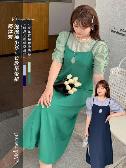 大きいサイズ レディース プリーツパフスリーブブラウス+サスペンダーワンピース LL 3L 4L 5L