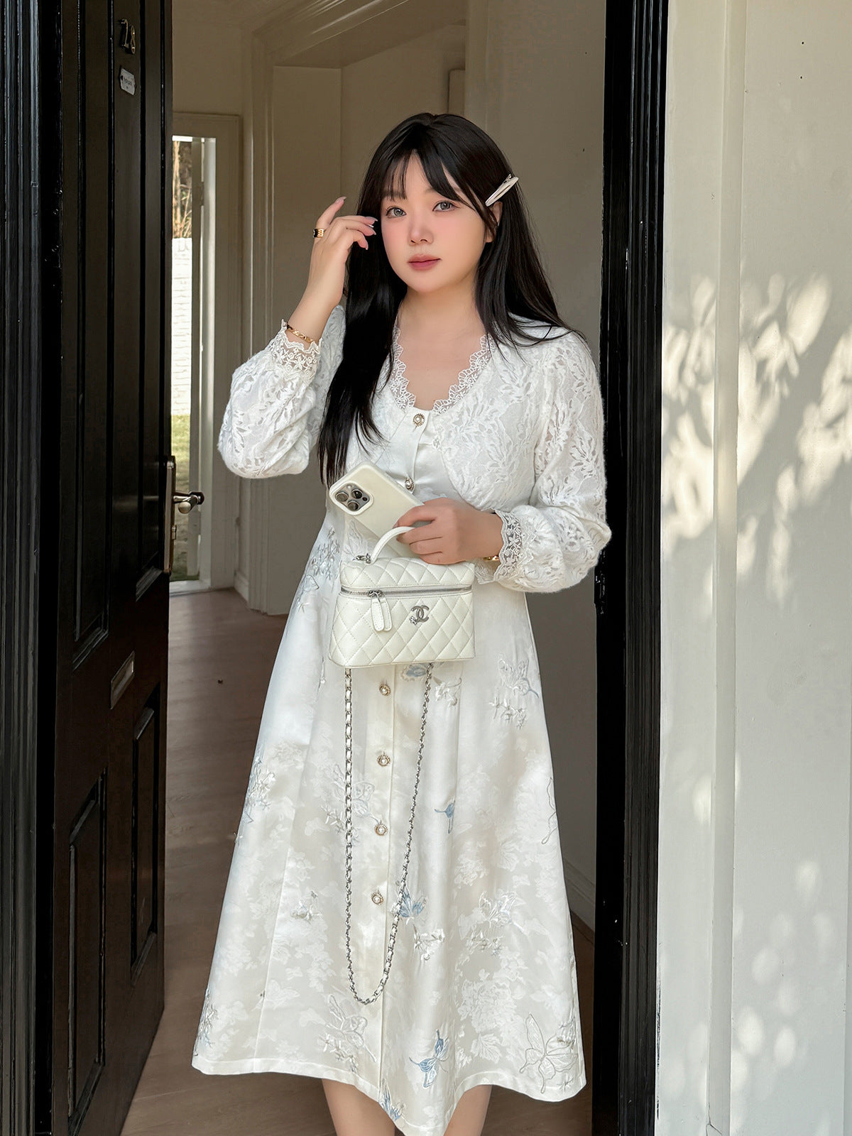 大きいサイズ レディース Vネックレース刺繍パッチワークワンピース LL 3L 4L 5L