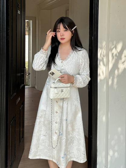 大きいサイズ レディース Vネックレース刺繍パッチワークワンピース LL 3L 4L 5L