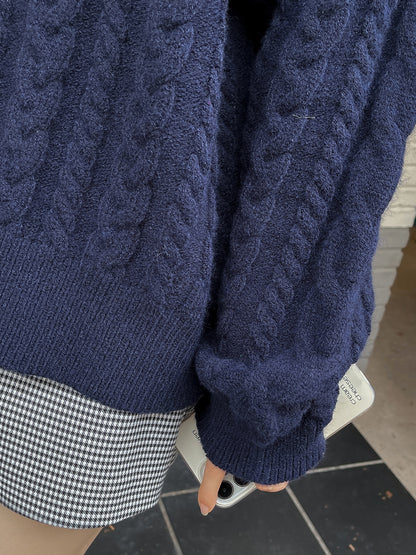 大きいサイズ レディース ラウンドネックケーブル編みカレッジスタイルセーター LL 3L 4L