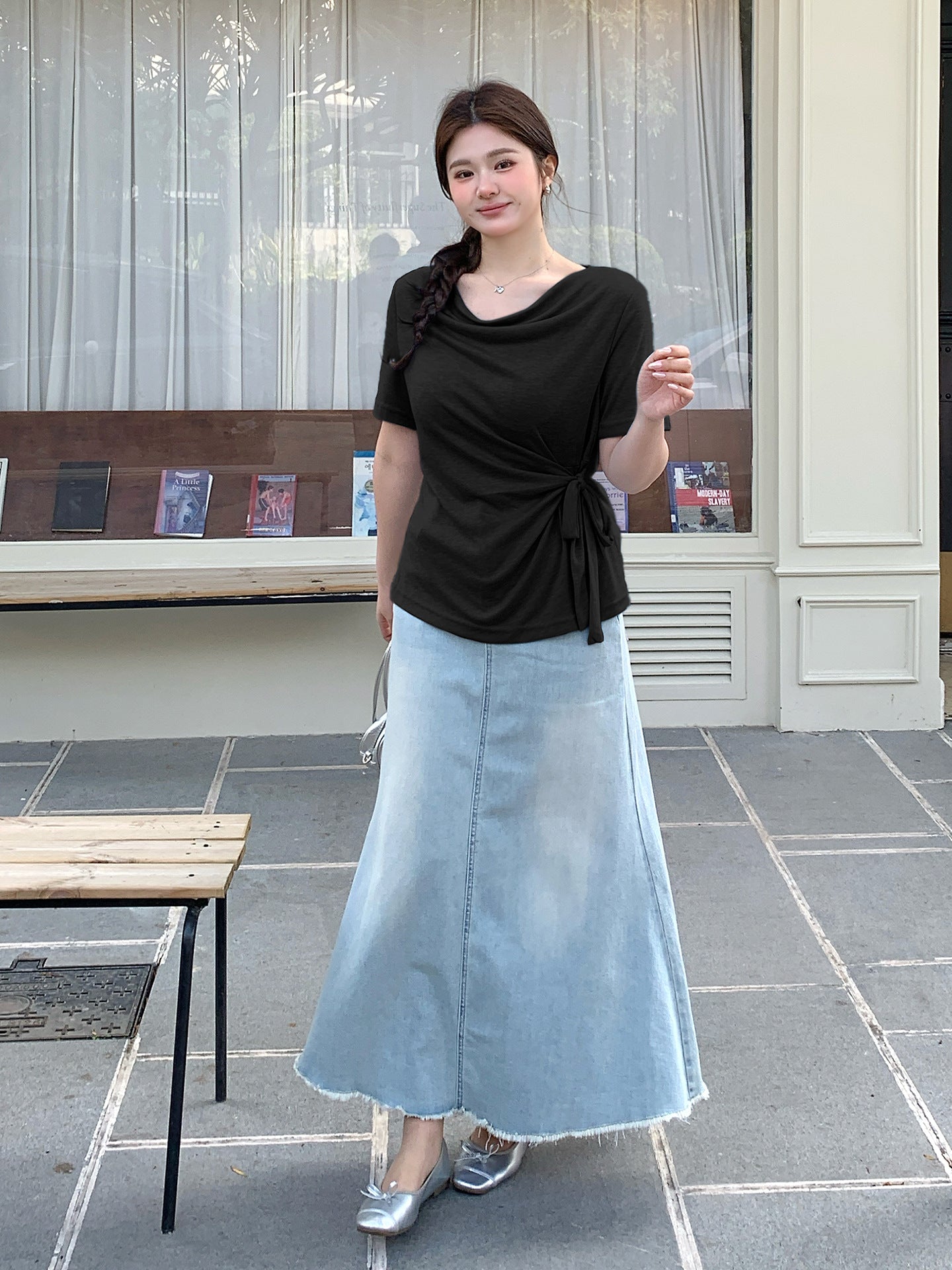 大きいサイズ レディース カウルネックラインウエストタイ半袖トップス LL 3L 4L 5L