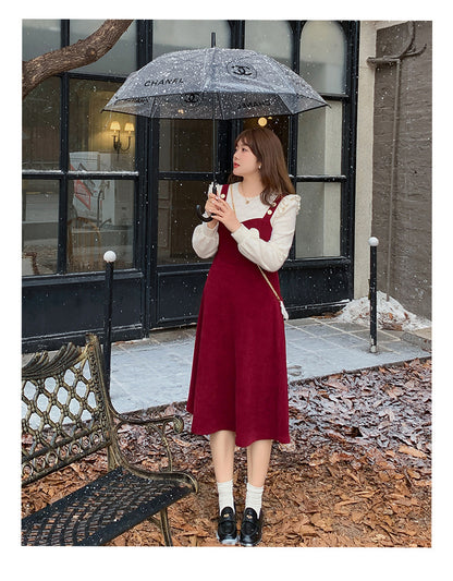 大きいサイズ レディース コーデュロイのレトロワンピース+フリルパフスリーブブラウス LL 3L 4L 5L